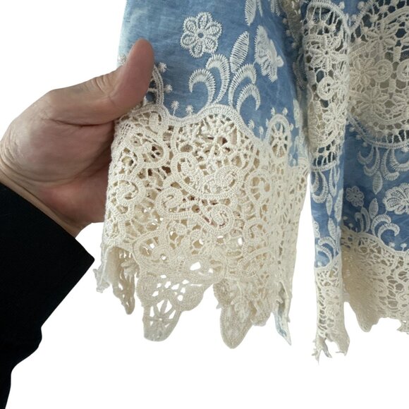 Adore Tie-Dye Embroidered Blue Top Size M Floral Lace Crochet Cotton Boho Chic - Picture 6 of 8